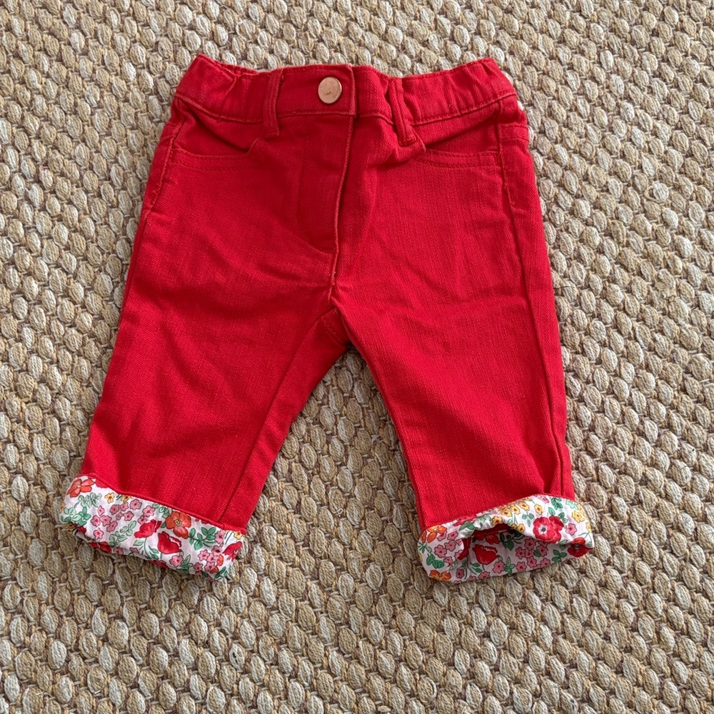 Jacadi Red Baby Jeans pants with Floral Cuffs